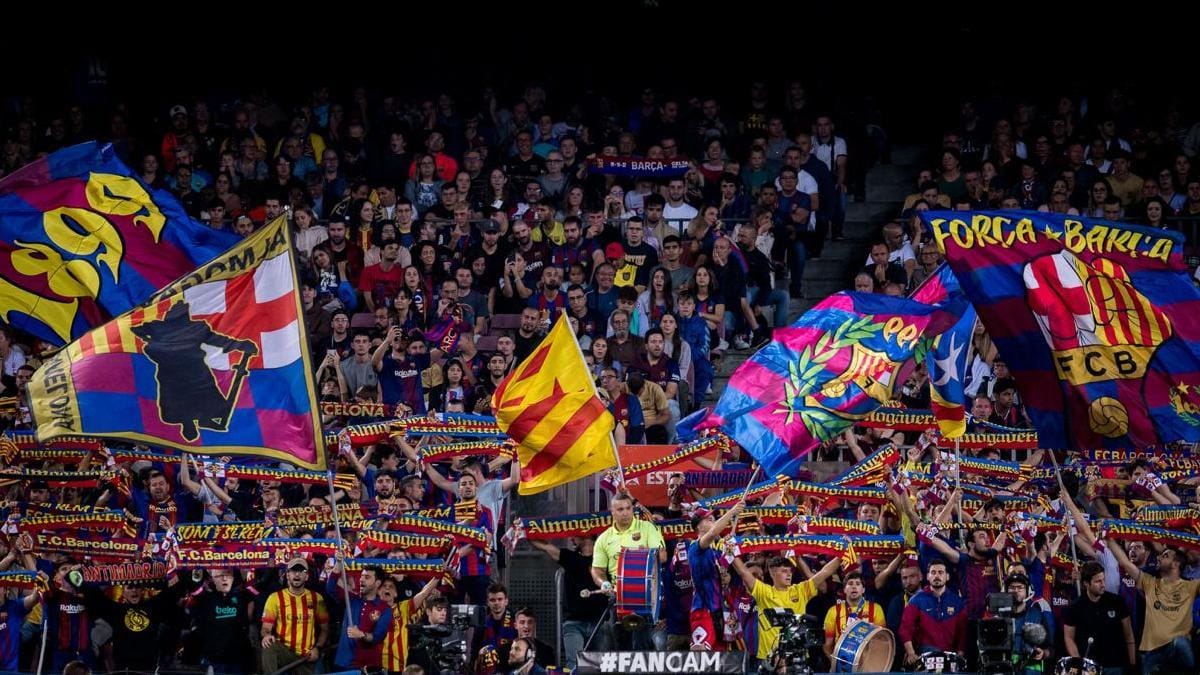 Grada mpya ya animation Camp Nou Barcelona vs Newcastle UCL 2026 wafuasi wakisherehekea