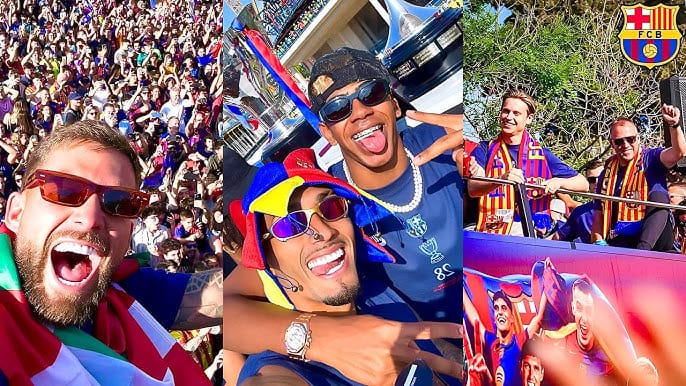 Lamine Yamal, Hansi Flick na wachezaji wengine wa Barcelona wakisherehekea kwenye basi la mabingwa jijini Barcelona