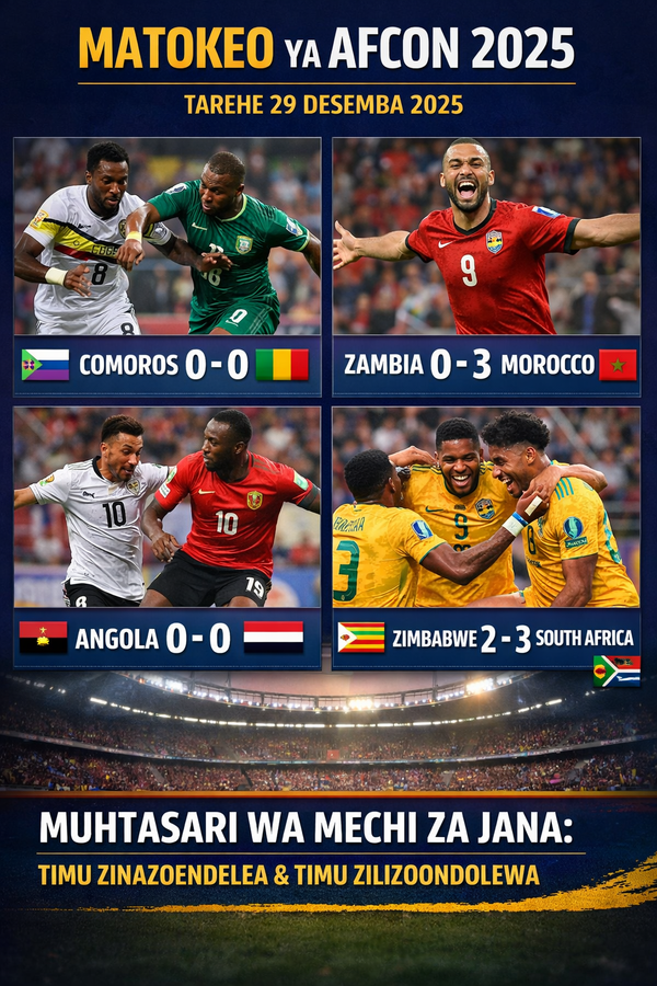 Matokeo ya AFCON 2025 tarehe 29 Desemba – Morocco yashinda Zambia, South Africa yafuzu, Comoros vs Mali sare, Egypt yafuzu