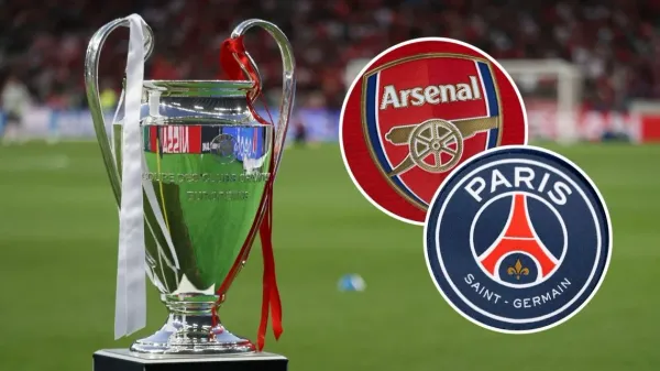 Kombe la Champions League likiwa pamoja na nembo za PSG na Arsenal kabla ya finali ya 2026