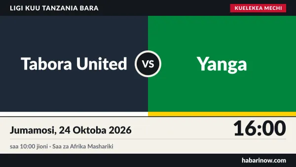 Tabora United dhidi ya Yanga, Jumamosi, 24 Oktoba 2026, saa 10:00 jioni (16:00, saa za Afrika Mashariki)